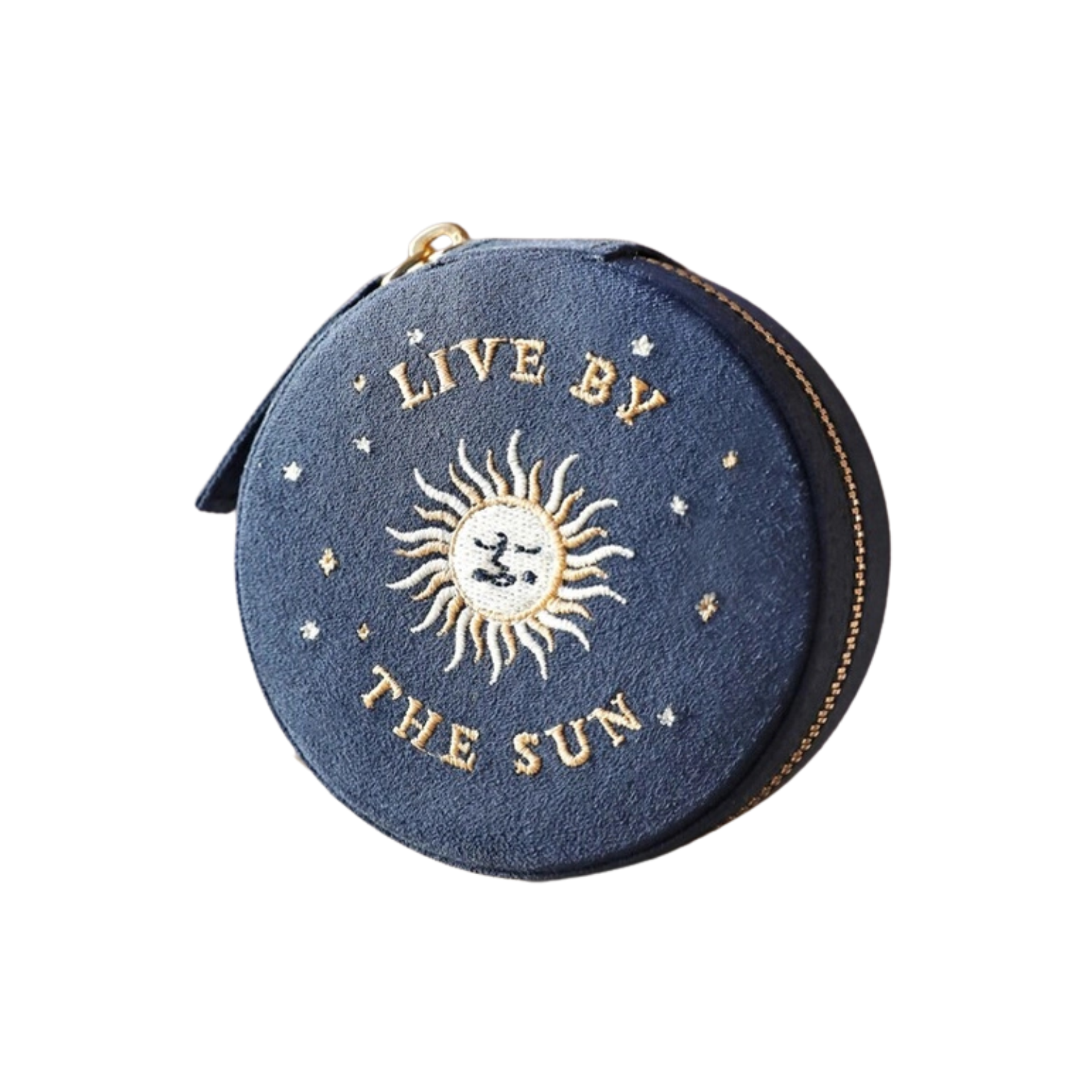 Sun and Moon Embroidered Round Jewellery Case in Navy
