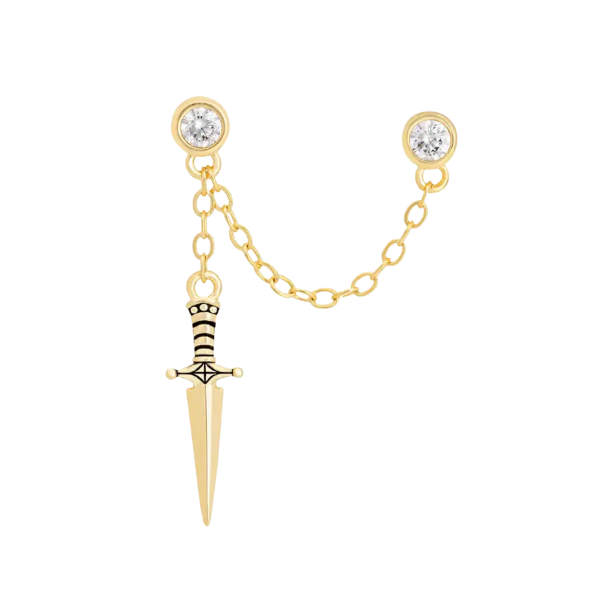 Gold Plated Dagger Double Stud Chain Earring