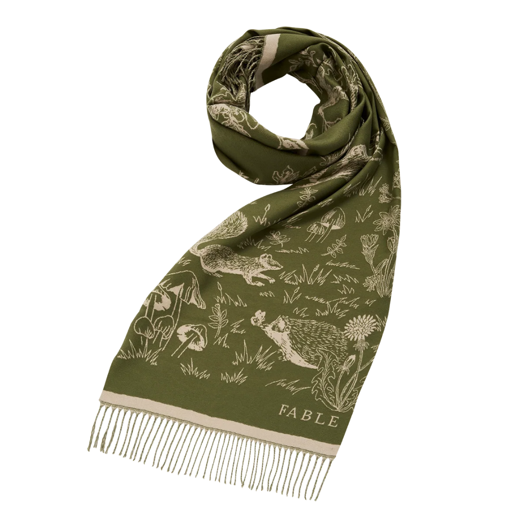 Woodland Scene Long Jacquard Scarf (Khaki) - Fable England
