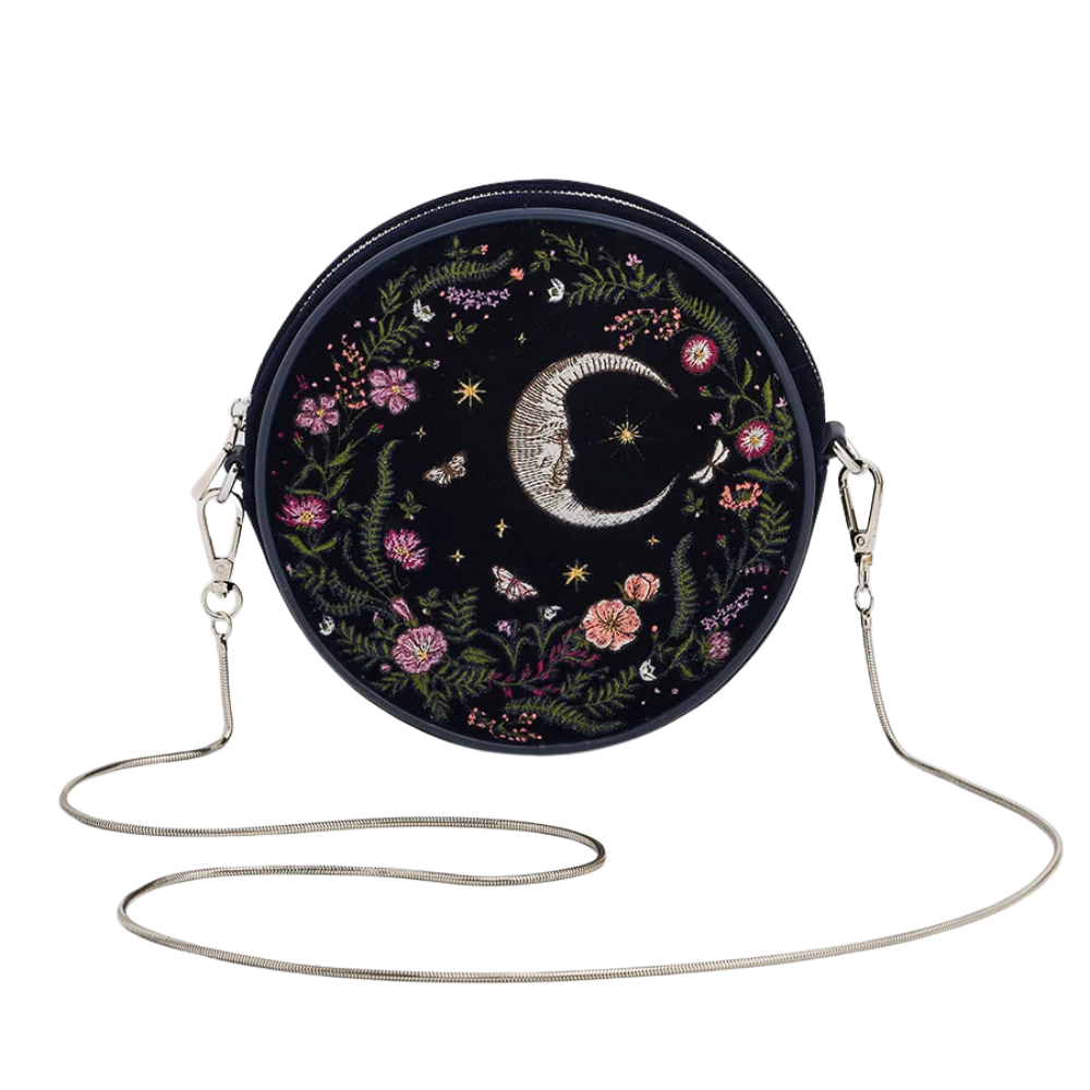 Chloe Midnight Garden Embroidered Velvet Circle Purse (Navy) - Fable England