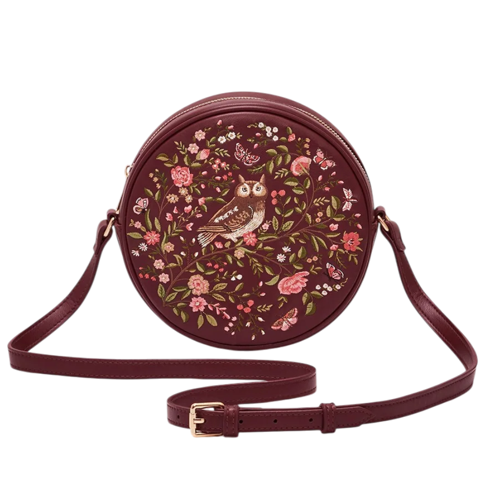 Chloe Owl Embroidered Circle Bag (Burgundy) - Fable England