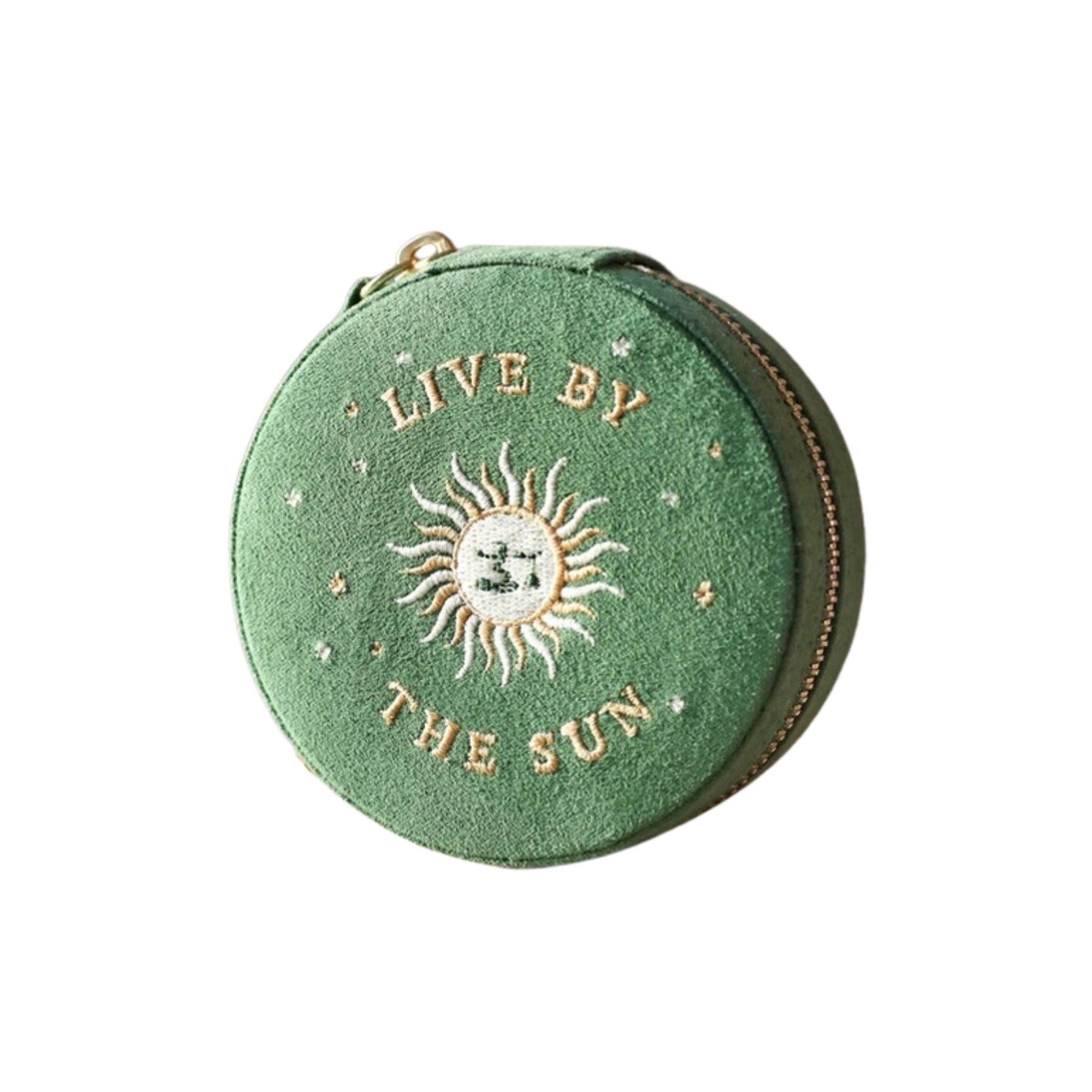Sun and Moon Embroidered Round Jewellery Case in Green