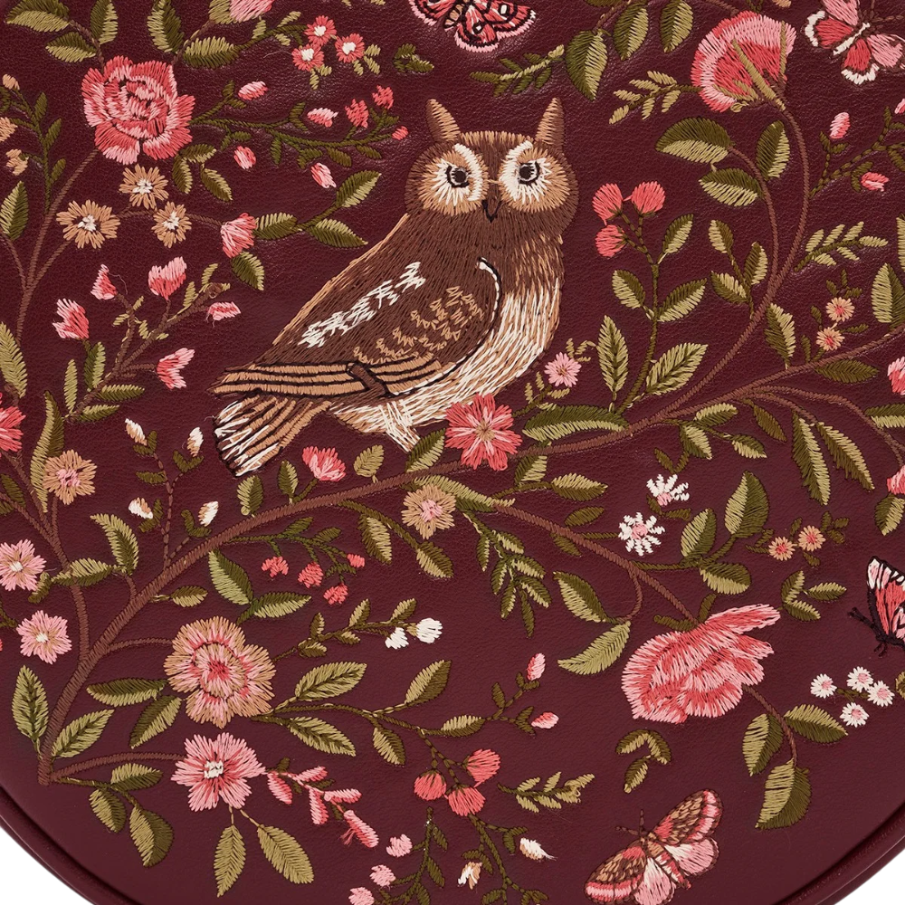 Chloe Owl Embroidered Circle Bag (Burgundy) - Fable England