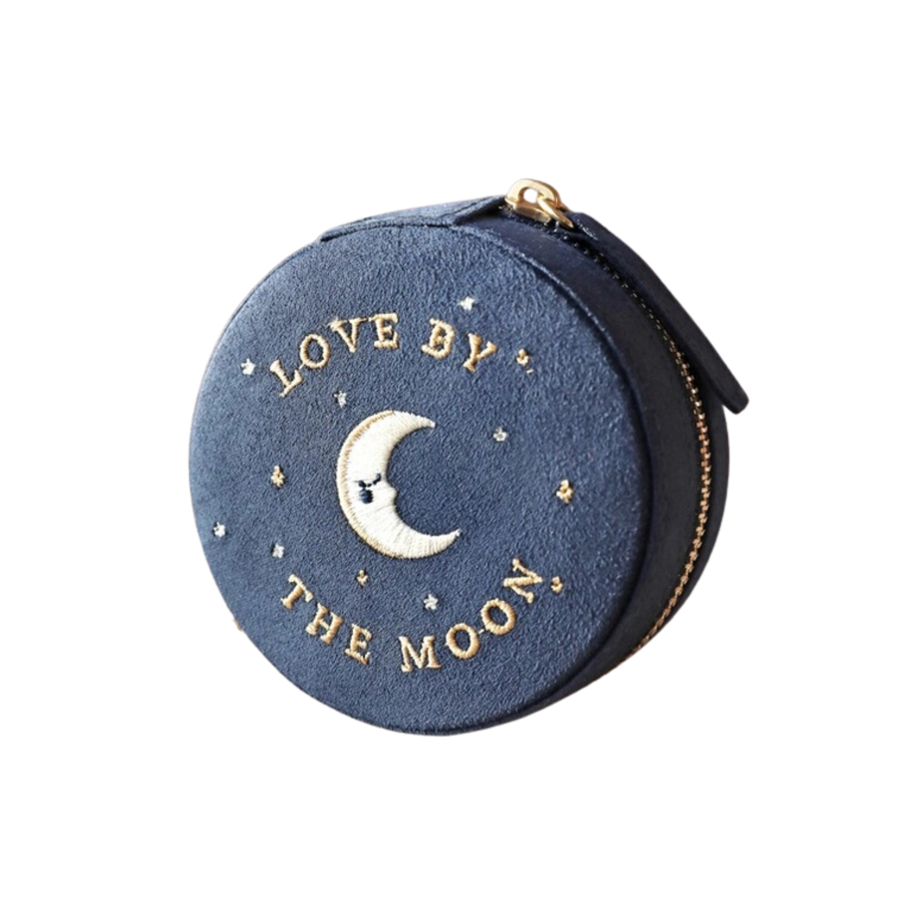 Sun and Moon Embroidered Round Jewellery Case in Navy