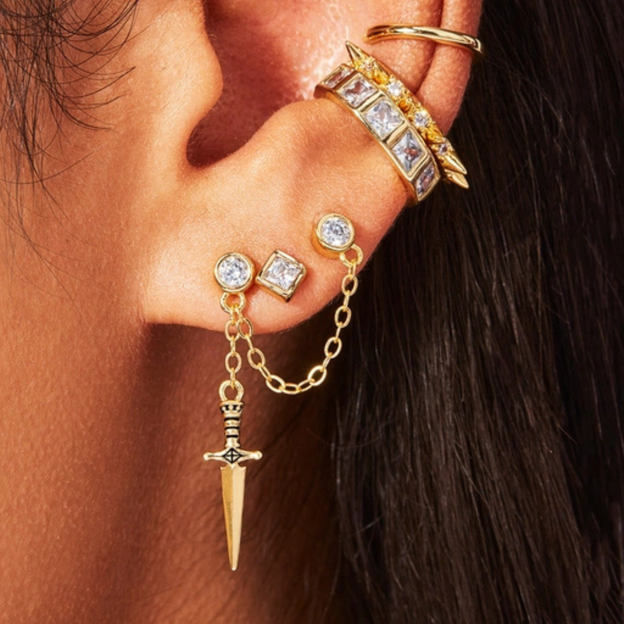 Gold Plated Dagger Double Stud Chain Earring