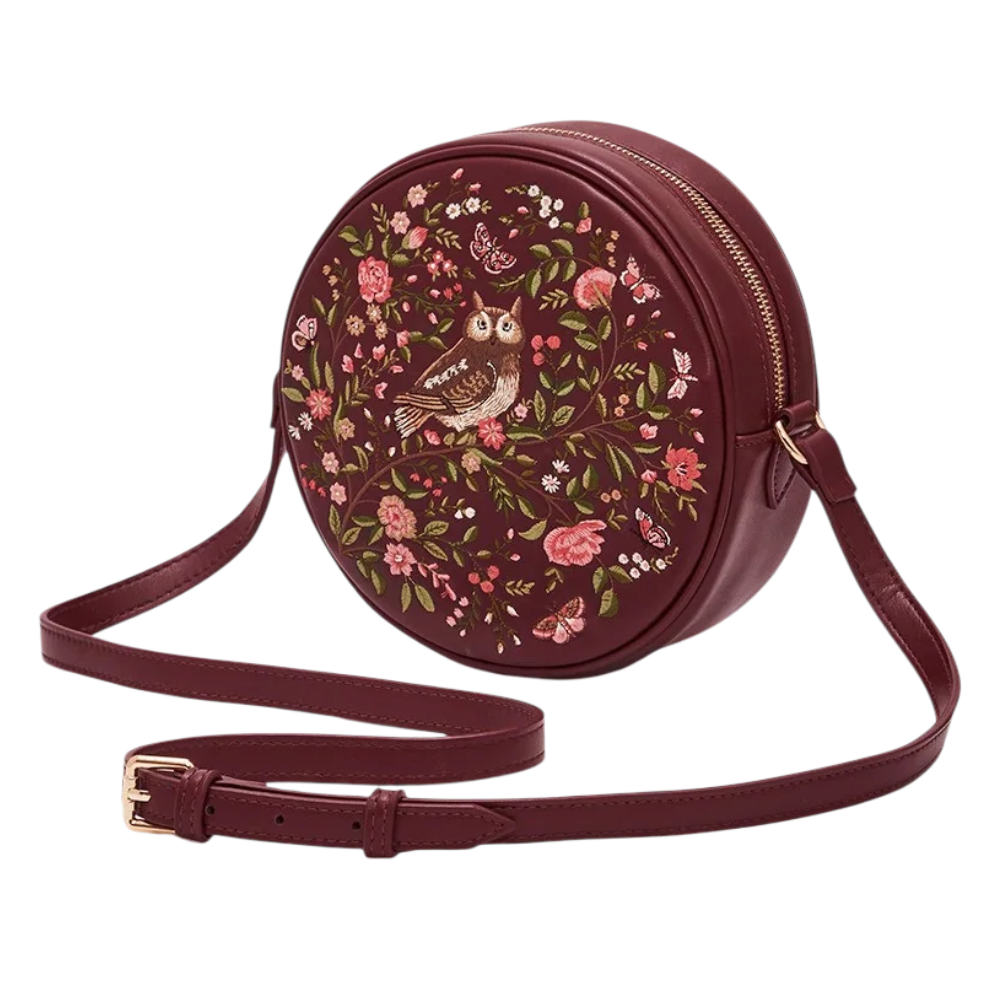 Chloe Owl Embroidered Circle Bag (Burgundy) - Fable England