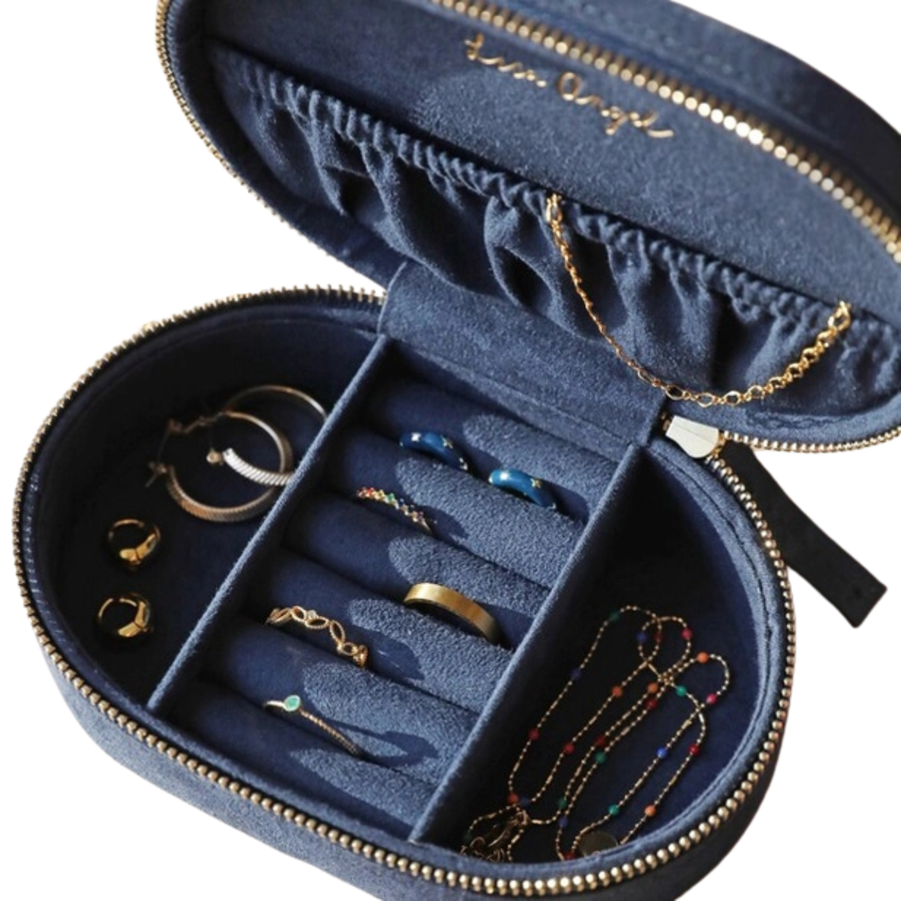 Sun and Moon Embroidered Oval Jewellery Case - Navy