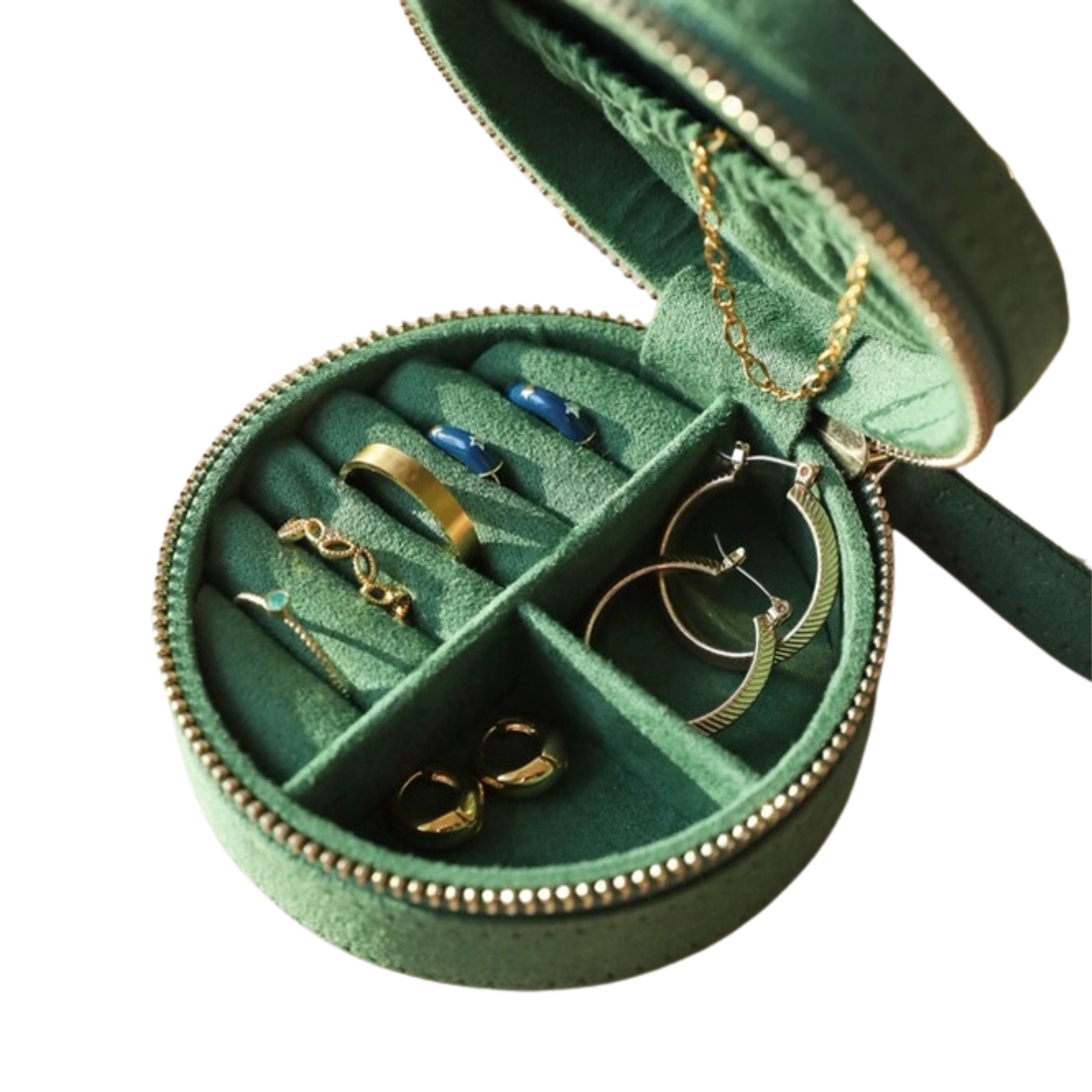Sun and Moon Embroidered Round Jewellery Case in Green
