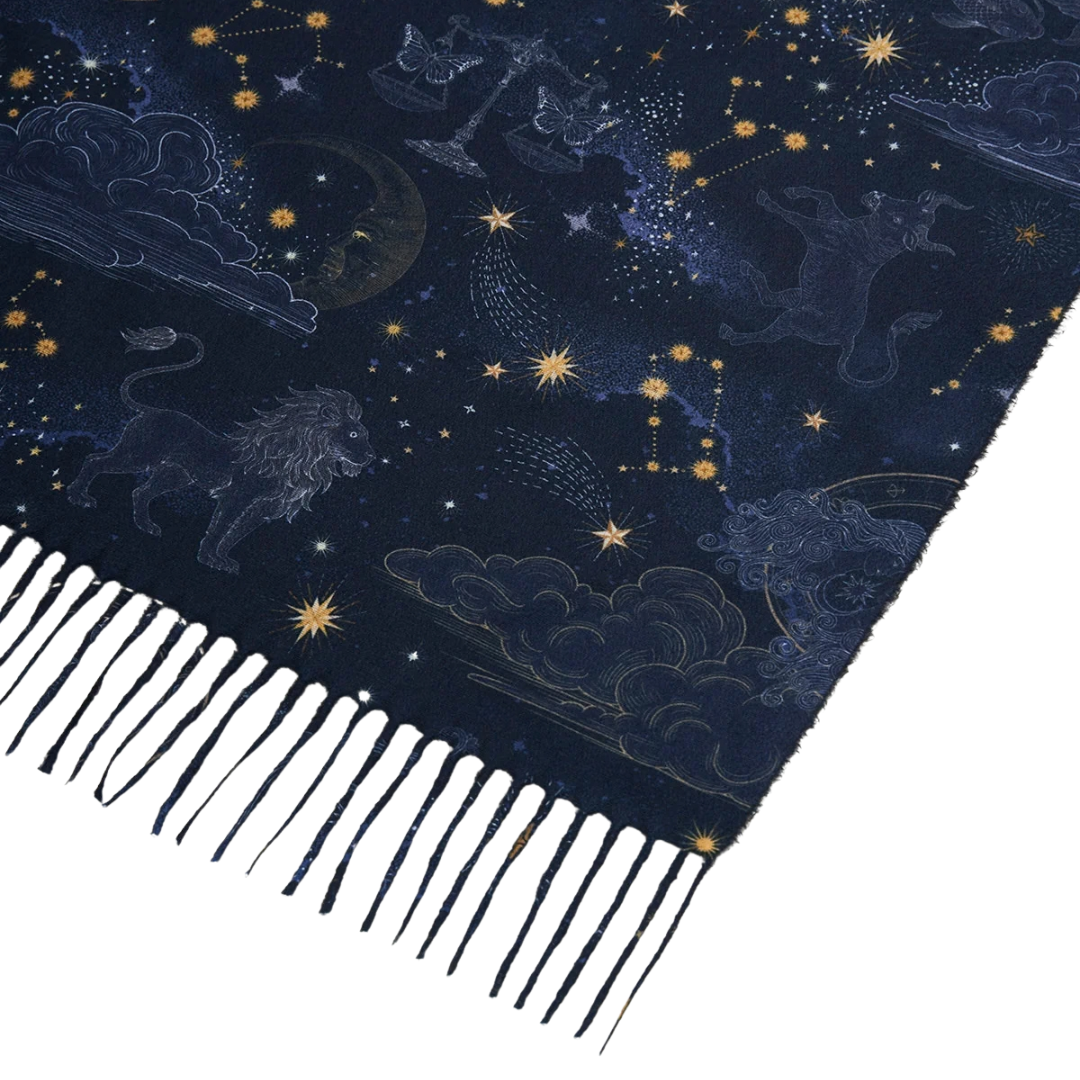 Zodiac Long Fringed Scarf (Navy) - Fable England