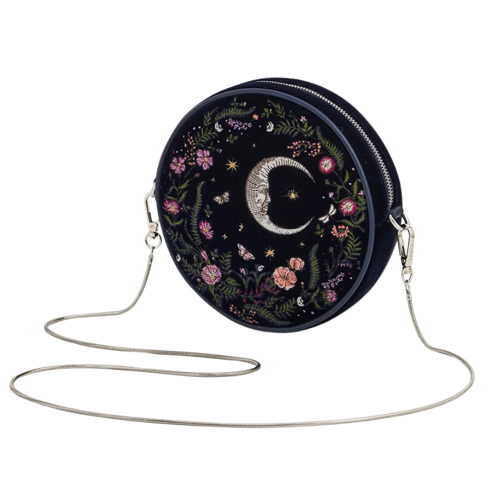 Chloe Midnight Garden Embroidered Velvet Circle Purse (Navy) - Fable England