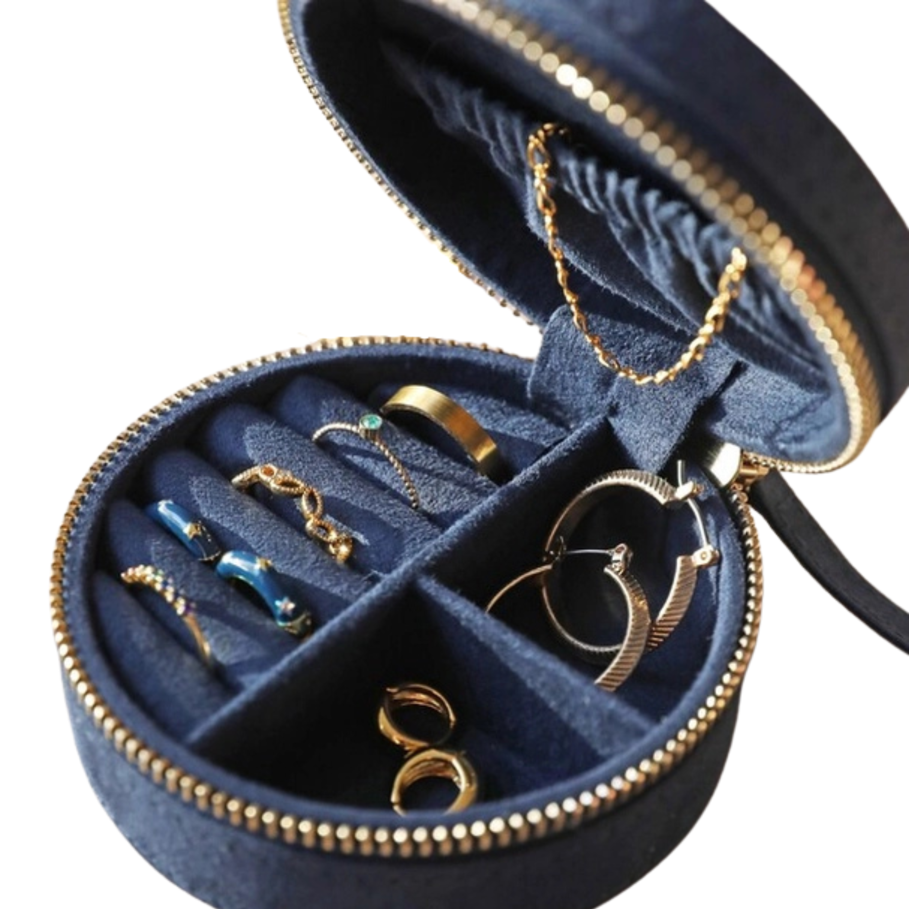Sun and Moon Embroidered Round Jewellery Case in Navy