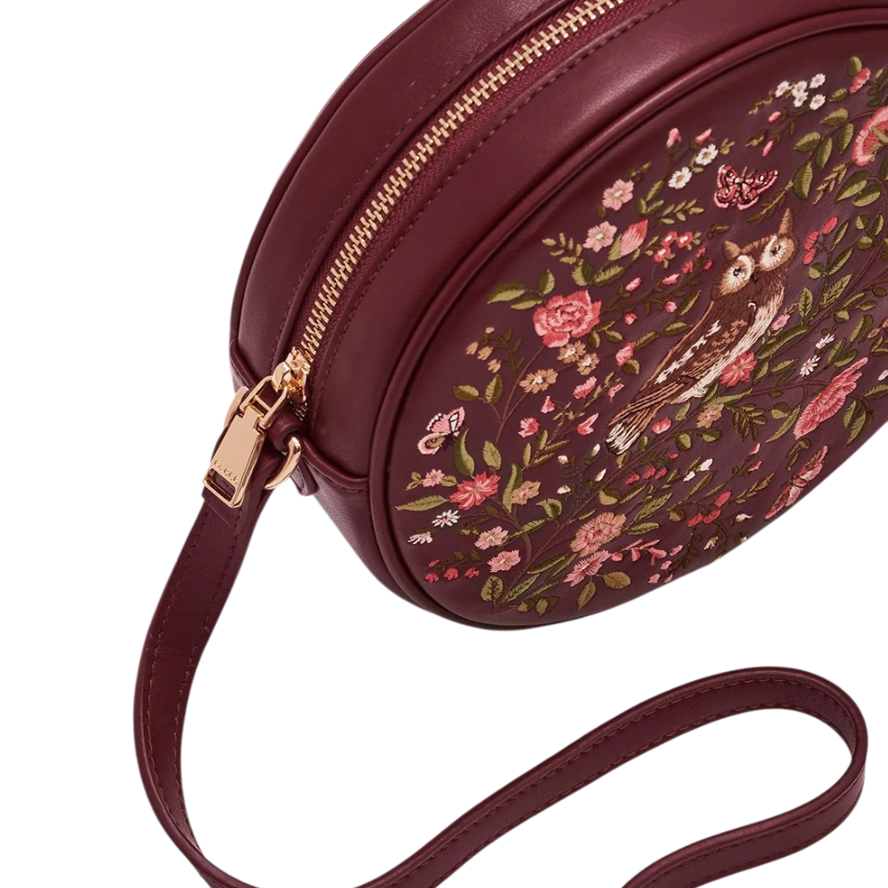 Chloe Owl Embroidered Circle Bag (Burgundy) - Fable England