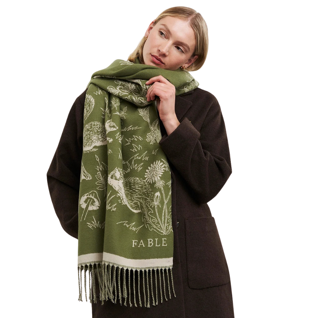 Woodland Scene Long Jacquard Scarf (Khaki) - Fable England