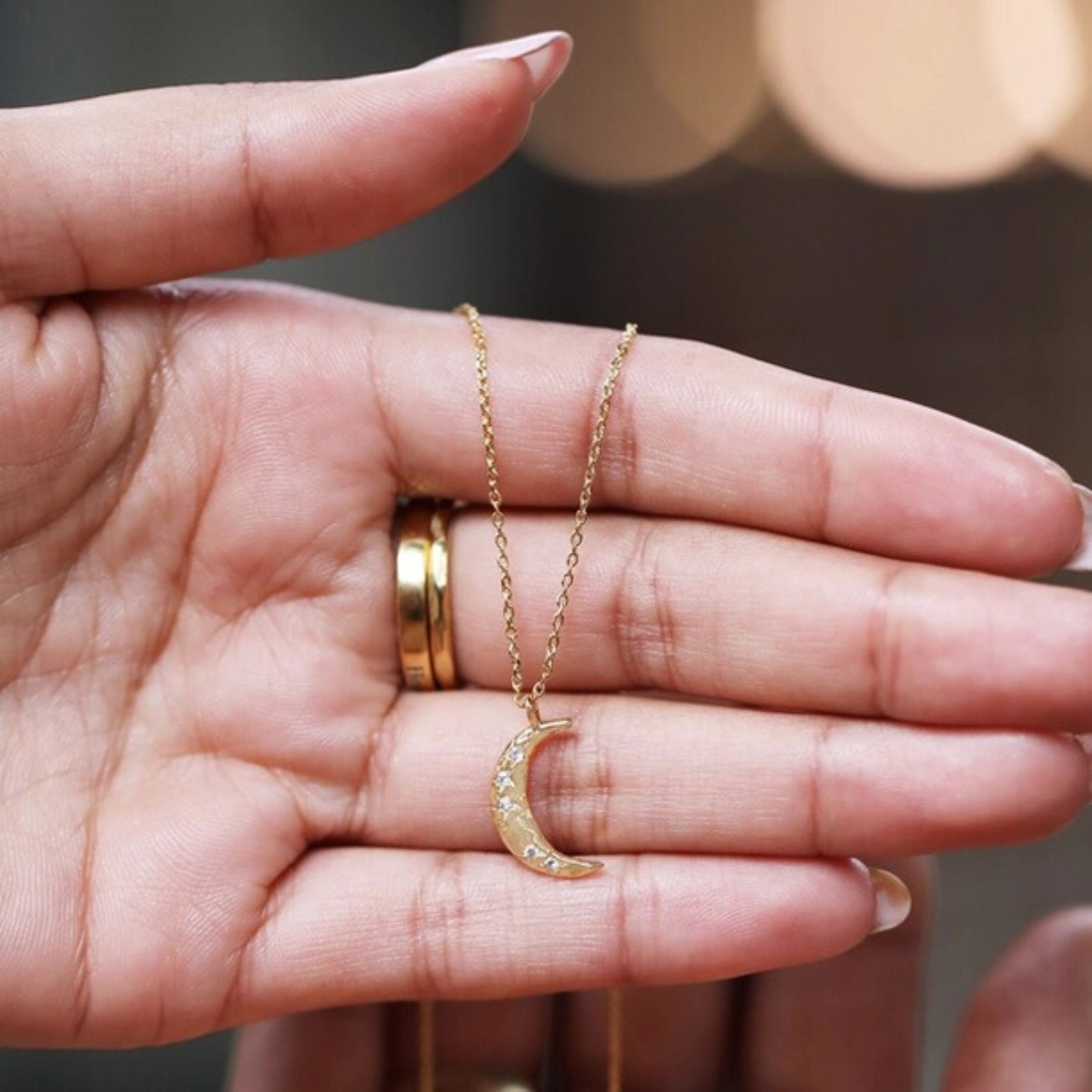 Gold Crystal Crescent Moon Necklace