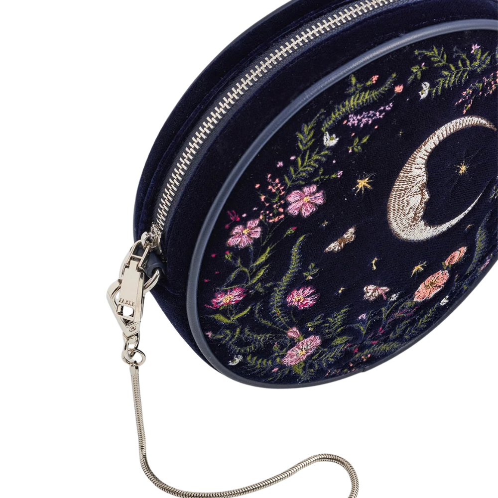 Chloe Midnight Garden Embroidered Velvet Circle Purse (Navy) - Fable England