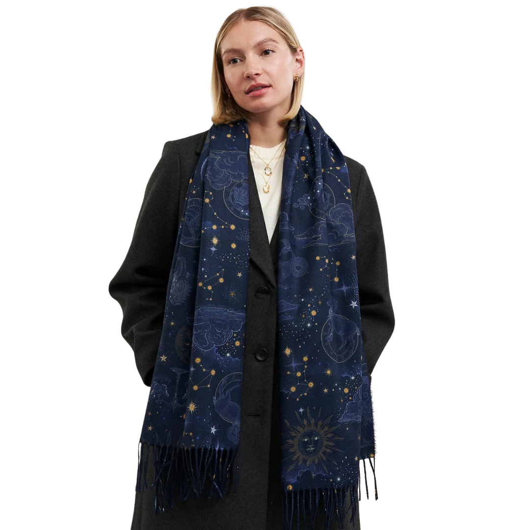 Zodiac Long Fringed Scarf (Navy) - Fable England