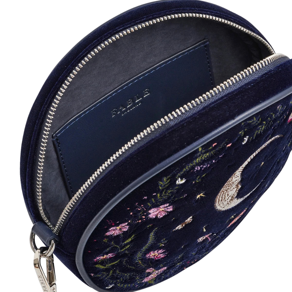Chloe Midnight Garden Embroidered Velvet Circle Purse (Navy) - Fable England