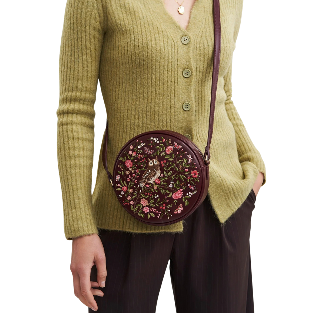 Chloe Owl Embroidered Circle Bag (Burgundy) - Fable England