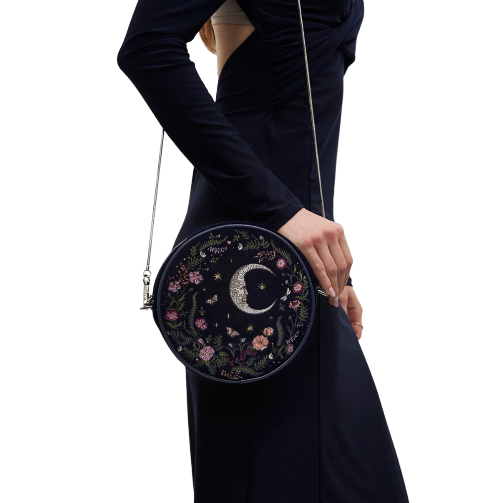 Chloe Midnight Garden Embroidered Velvet Circle Purse (Navy) - Fable England
