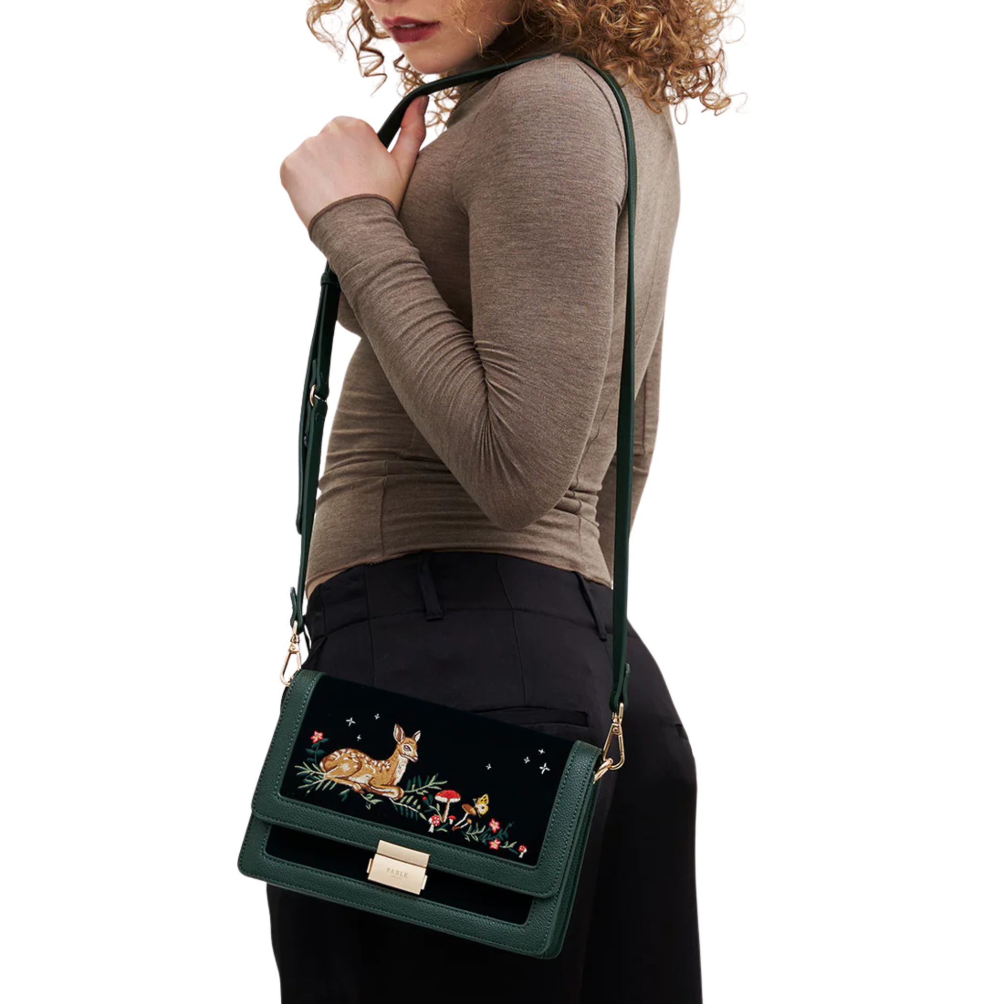 Fawn Embroidered Green Crossbody Bag - Fable England