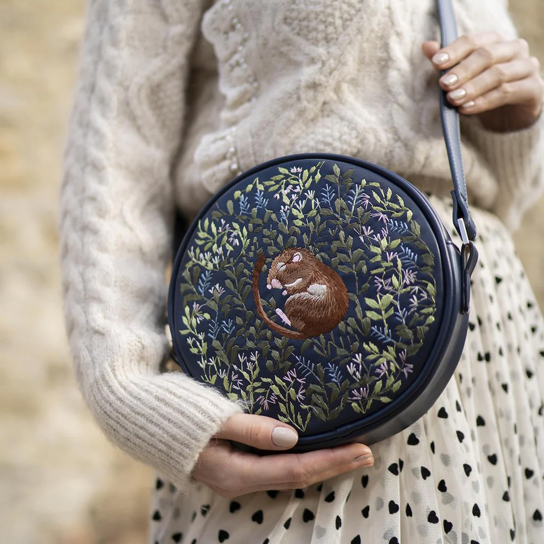 Chloe Dormouse Embroidered Circle Purse (Navy) - Fable England
