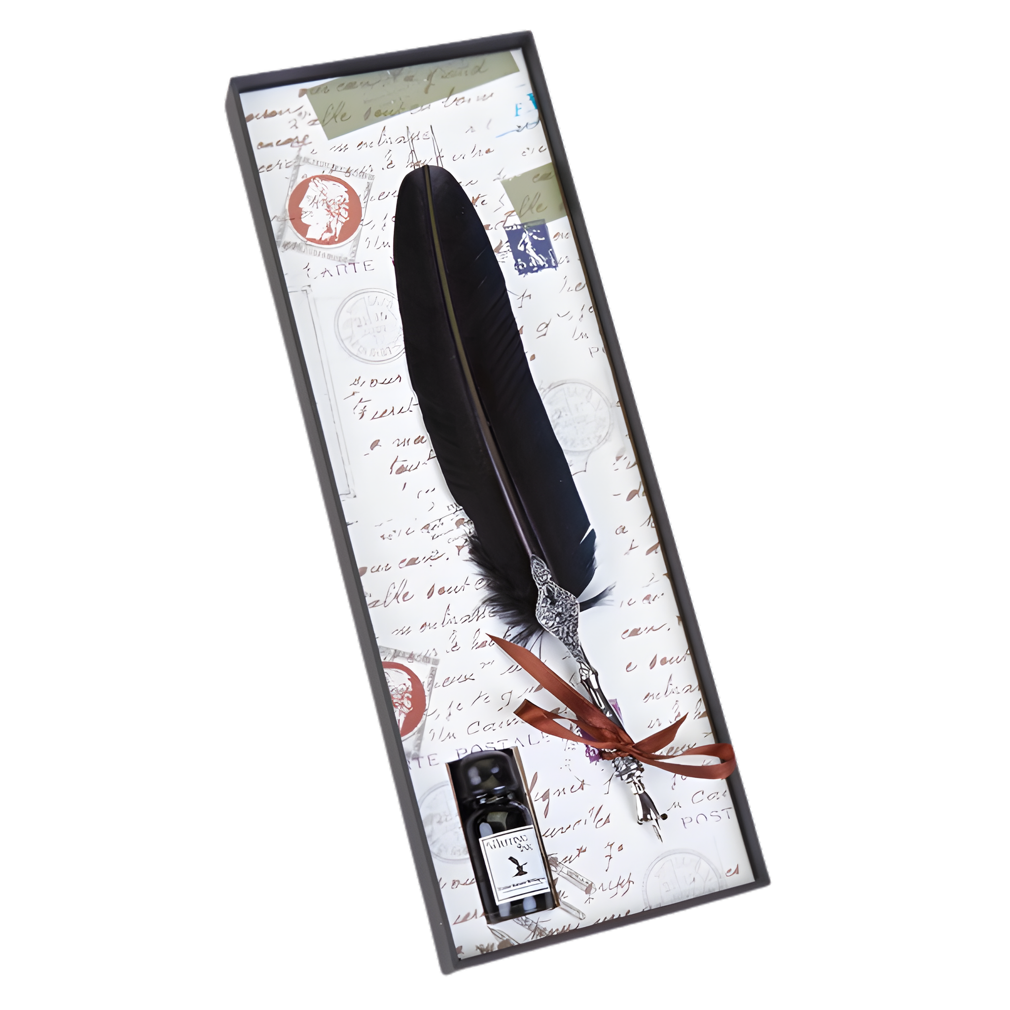 Pewter Decorated Feather Nib Pen & Ink Set