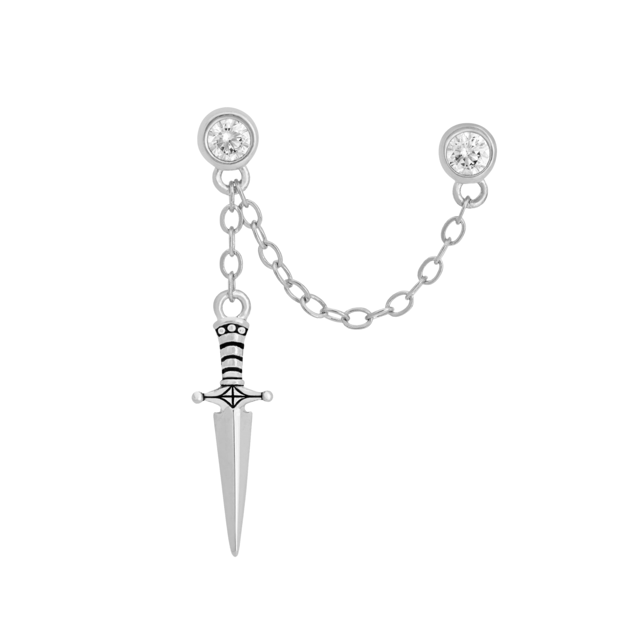 Rhodium Plated Dagger Double Stud Chain Earring