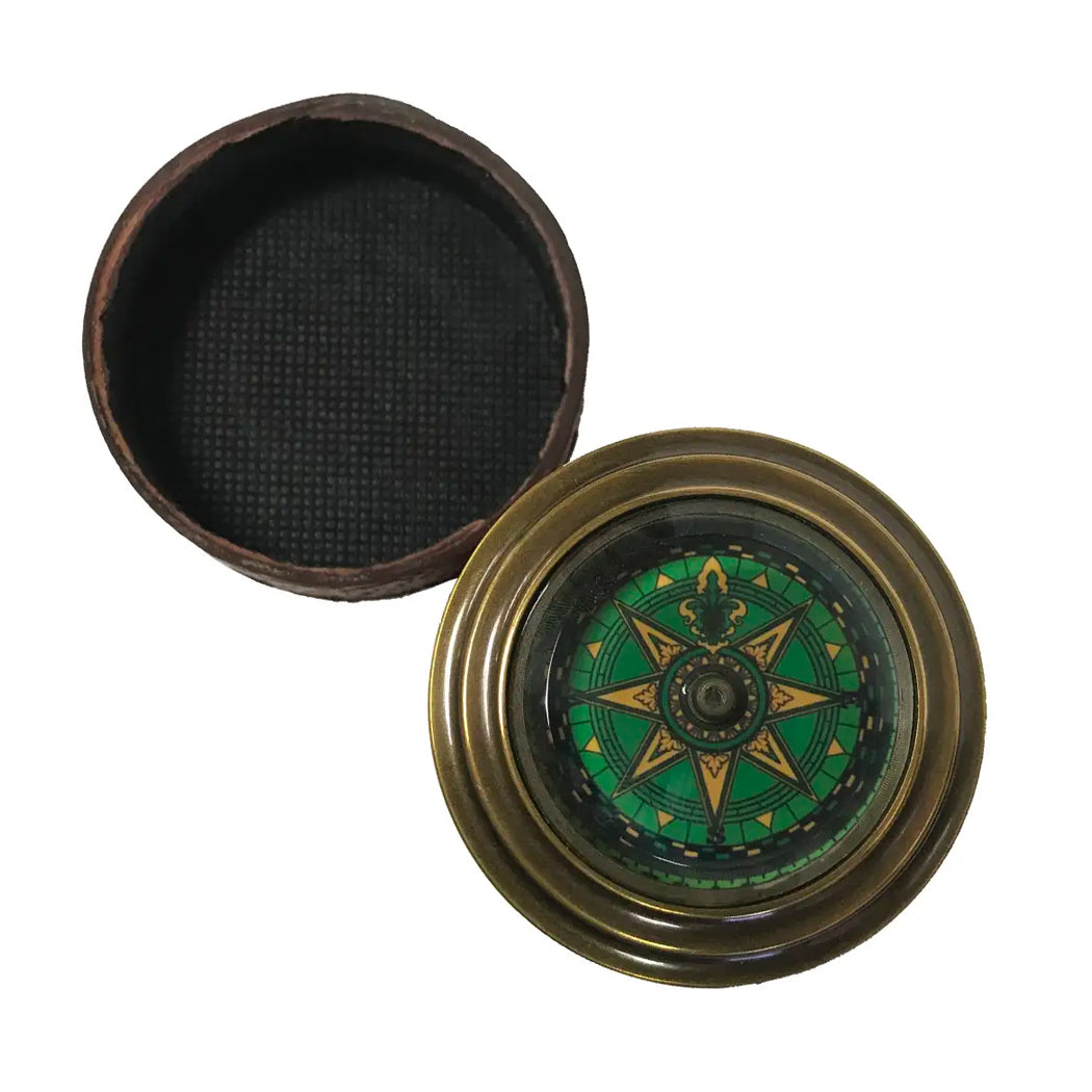 Brass Compass in Leather-Wrapped Case