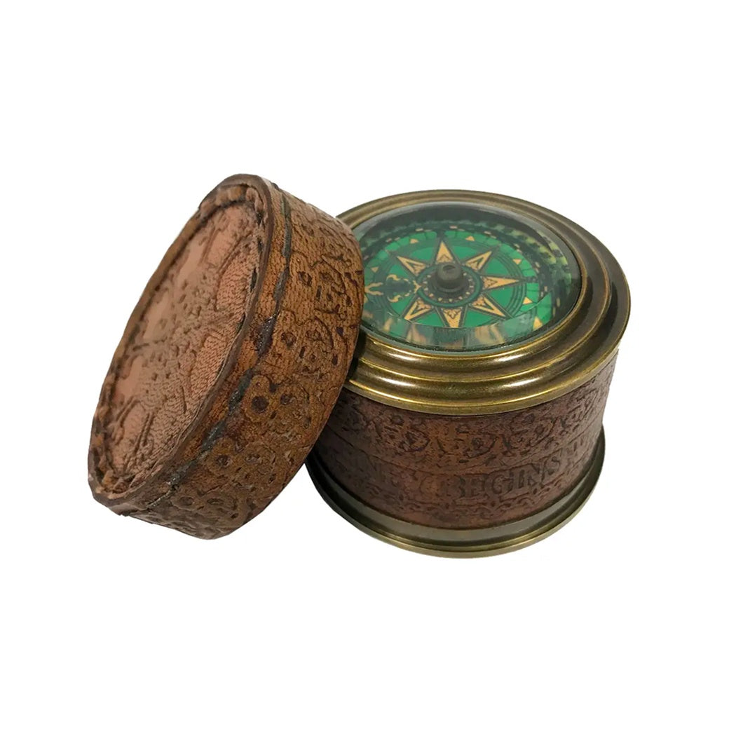 Brass Compass in Leather-Wrapped Case