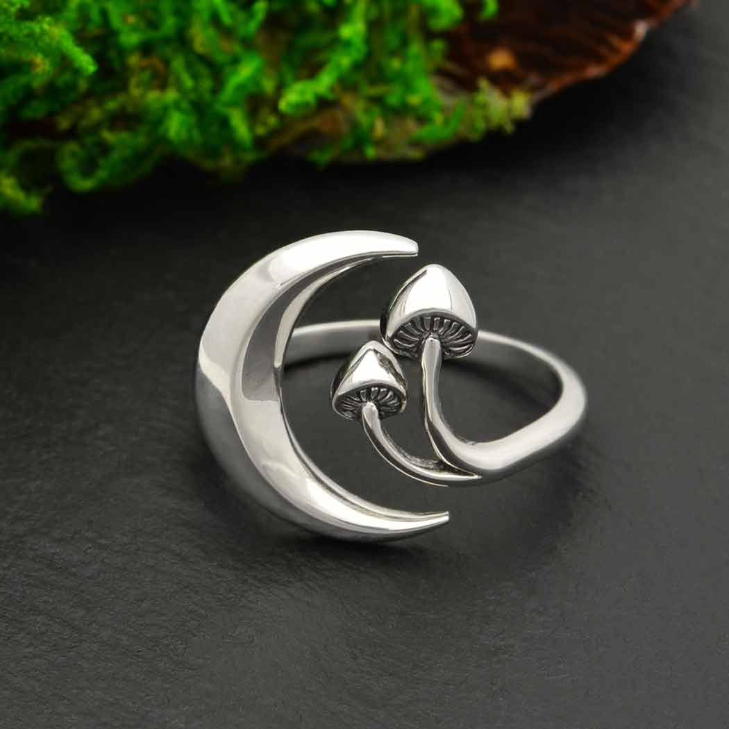 Sterling Silver Moon & Mushroom Adjustable Ring