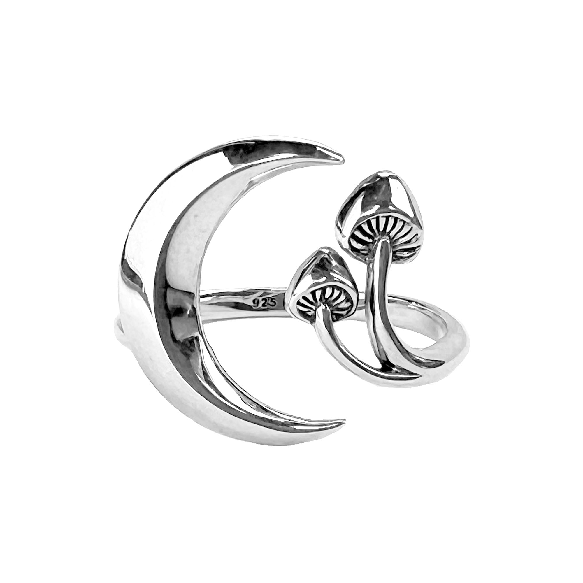Sterling Silver Moon & Mushroom Adjustable Ring
