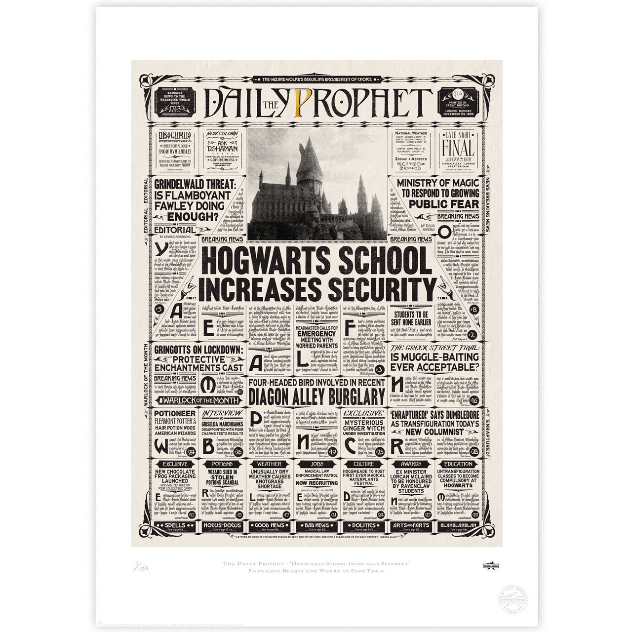 The Daily Prophet - Hogwarts School Increases Security Limited Edition Art Print