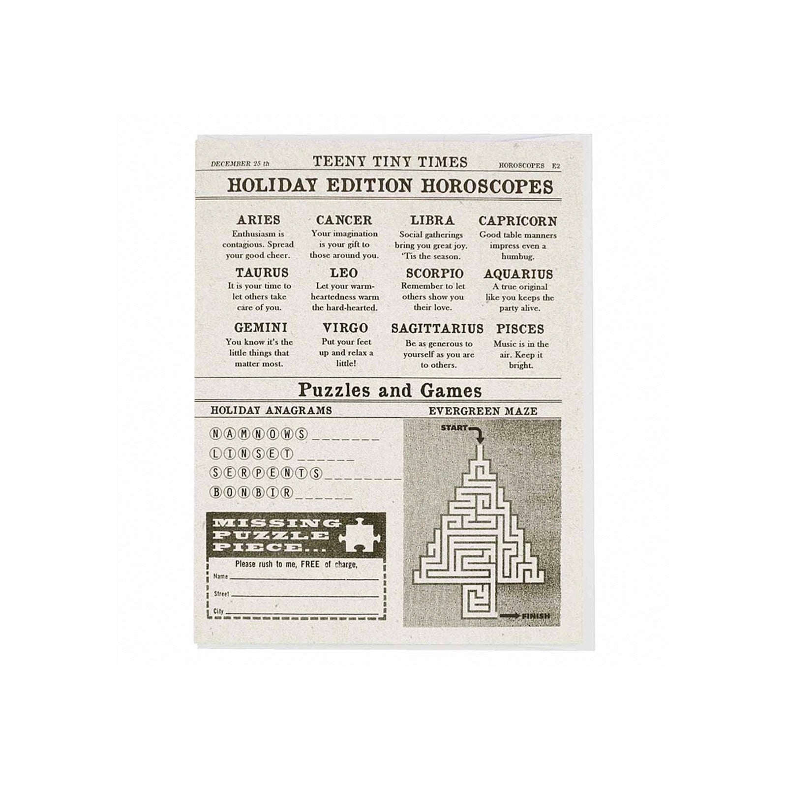 Newspaper Holiday Horoscopes Card